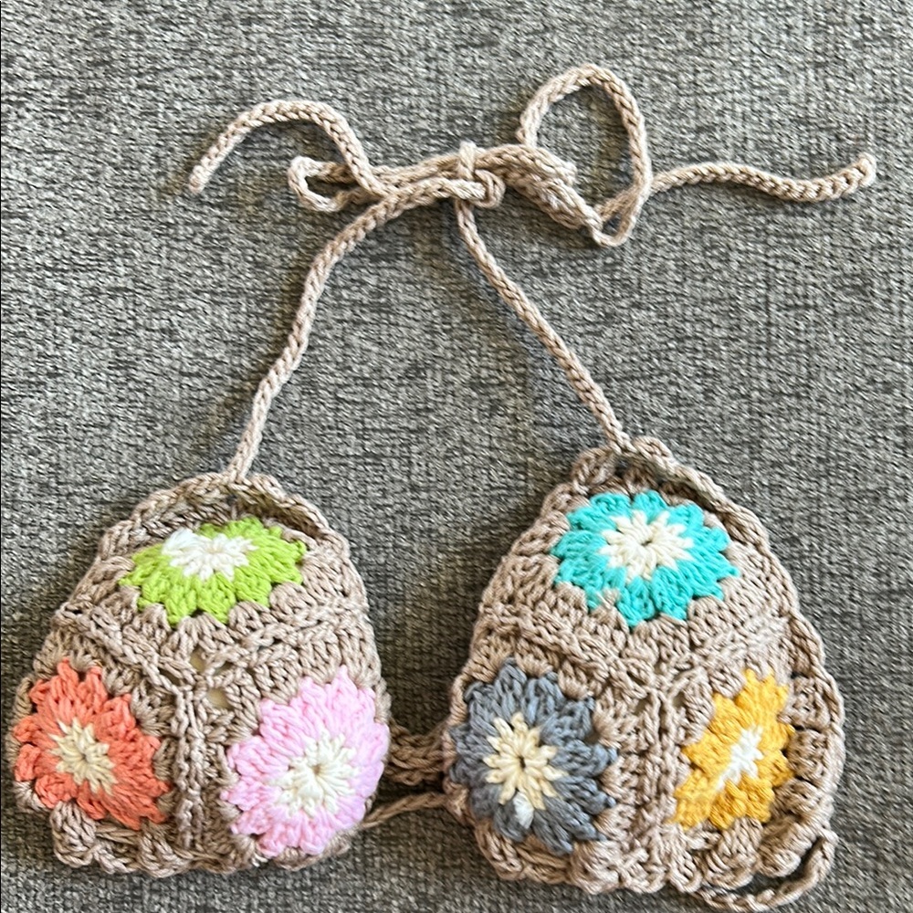 Tan and Pink Crochet Bikini with Floral Accents